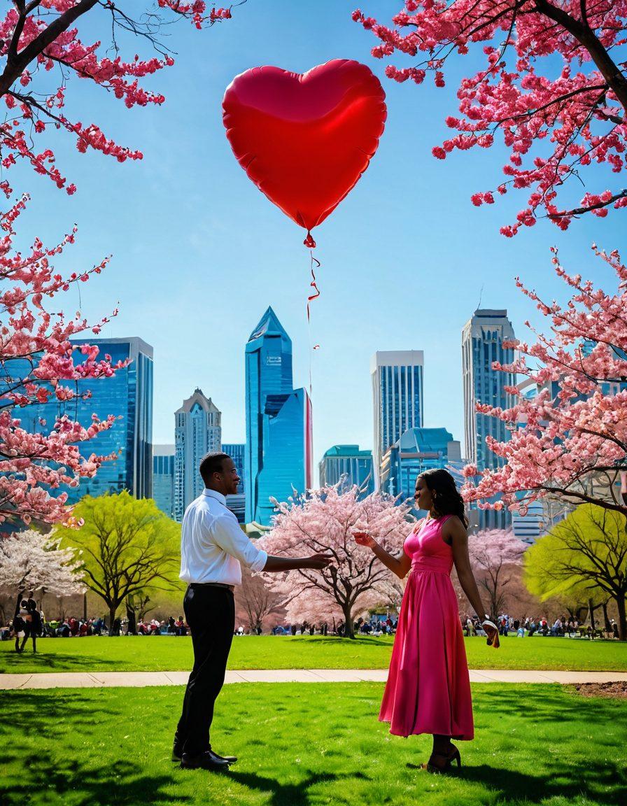 A vibrant and romantic scene showcasing a couple sharing a loving moment in a beautiful Atlanta park, surrounded by blooming cherry blossoms and festive decorations. The skyline of Atlanta glimmers in the background, with a heart-shaped balloon gently floating above. Include diverse individuals engaging in community events, like dancing and enjoying food in a lively atmosphere. The image should evoke warmth, connection, and the essence of love in the city. colorful illustration. bright colors. lively atmosphere.