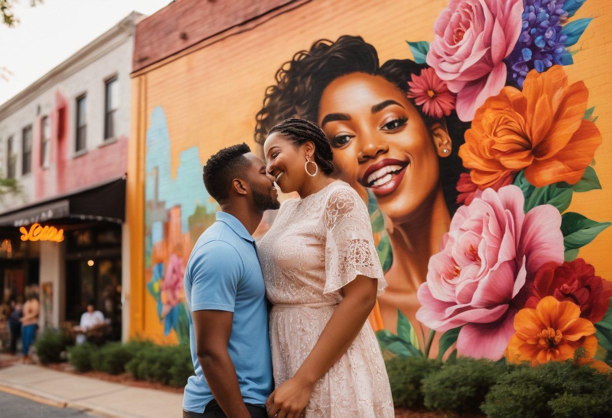 A lively street scene in Atlanta showcasing couples of diverse backgrounds sharing affectionate moments, highlighted by colorful murals and blooming flowers. Include vibrant cityscapes, cozy cafés, and a warm sunset casting a golden hue, evoking a sense of love and connection. super-realistic. vibrant colors. soft focus.