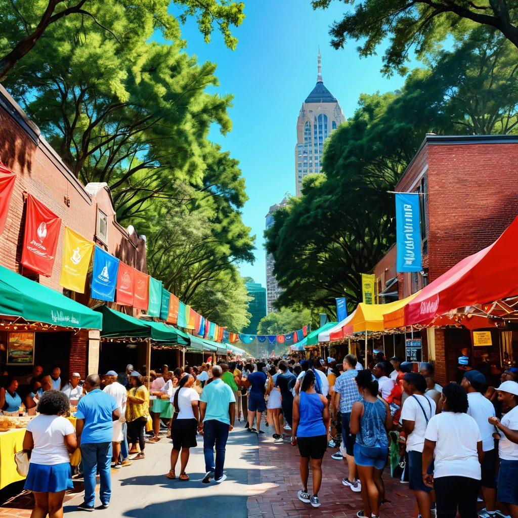 A vibrant street scene in Atlanta showcasing a diverse group of people engaging in a heartfelt community event, with colorful banners, food stalls, and musicians entertaining the crowd. The backdrop reveals iconic Atlanta architecture and lush greenery. Warm sunlight filters through trees, creating a welcoming atmosphere filled with love and connection. super-realistic. vibrant colors. 3D.